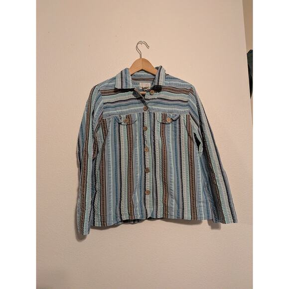 drapers and damons striped cotton button down size XL blue wooden buttons - Picture 2 of 6